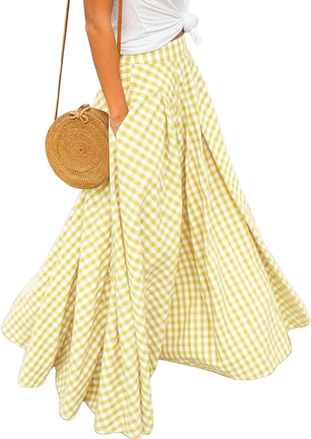 Mansy Women's Plaid Maxi Skirt- High Waist A Line Gingham Skirt,Pleated Flared Summer Casual Swin... | Amazon (US)