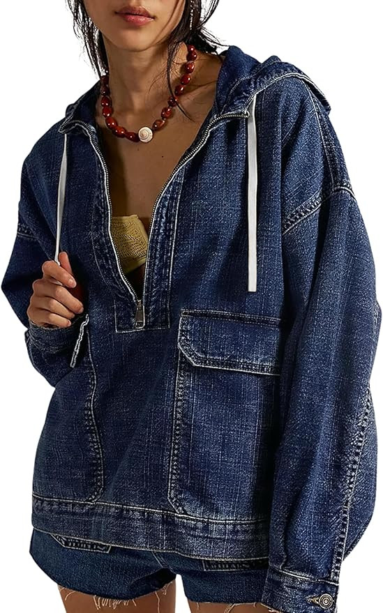 Omoone Women's Denim Pullover Jacket Oversized Half Zip Hoodie Jean Top Sweatshirt with Pockets | Amazon (US)
