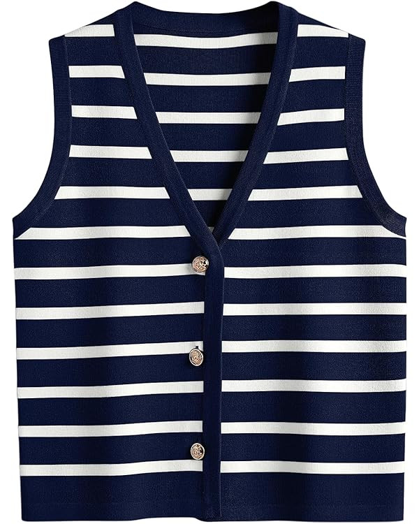 LILLUSORY Summer Vest Tops for Women 2025 Striped Sweater Vests Vacation Button Up Outfits Spring... | Amazon (US)