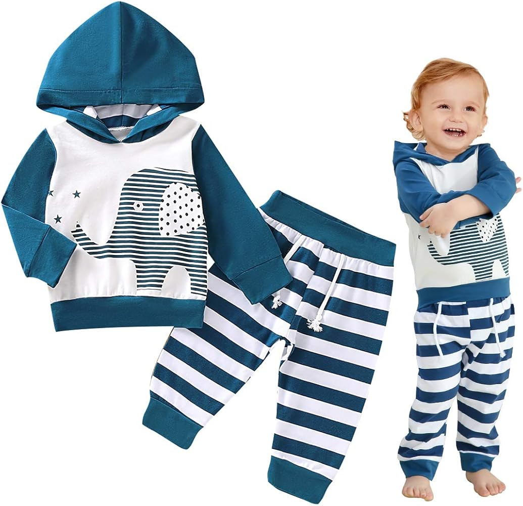 Baby Boys Girls Clothes Long Sleeve Cartoon Print Hoodie Sweatshirt Tops and Striped Pants Sweats... | Amazon (US)