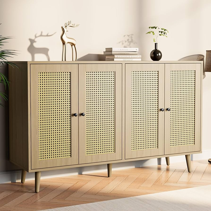 Cozy Castle Oak Rattan Buffet Cabinet with Storage, Accent Sideboard Cabinet with 4 Rattan Doors,... | Amazon (US)