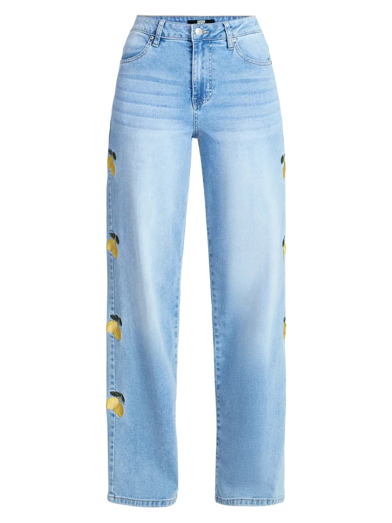 Madden NYC Women's Lemon Embroidery Ultra 90s Jeans, 32" Inseam, Sizes 00-18 | Walmart (US)