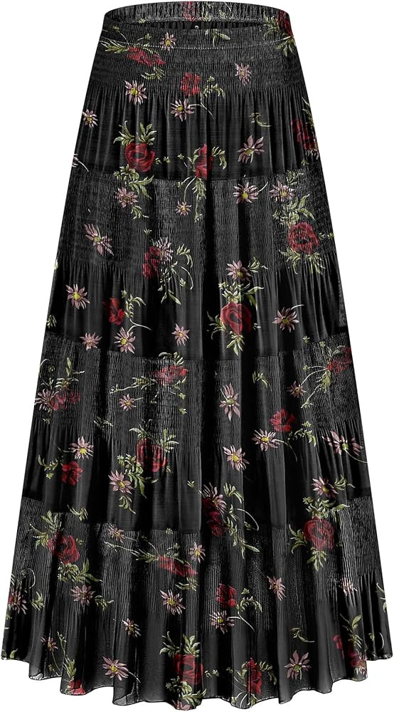 CYiNu Women's Chiffon Elastic High Waist Tiered Pleated Floral Printed A-Line Boho Long Maxi Skir... | Amazon (US)