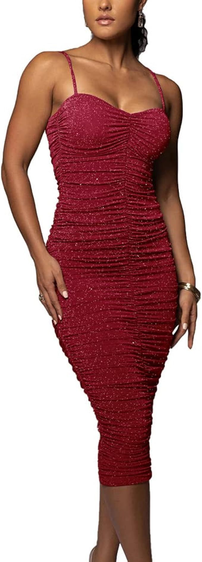 Amazon.com: Antopmen Women Spaghetti Straps Sweetheart Lurex Slinky Dress Ruched Glittering Eveni... | Amazon (US)