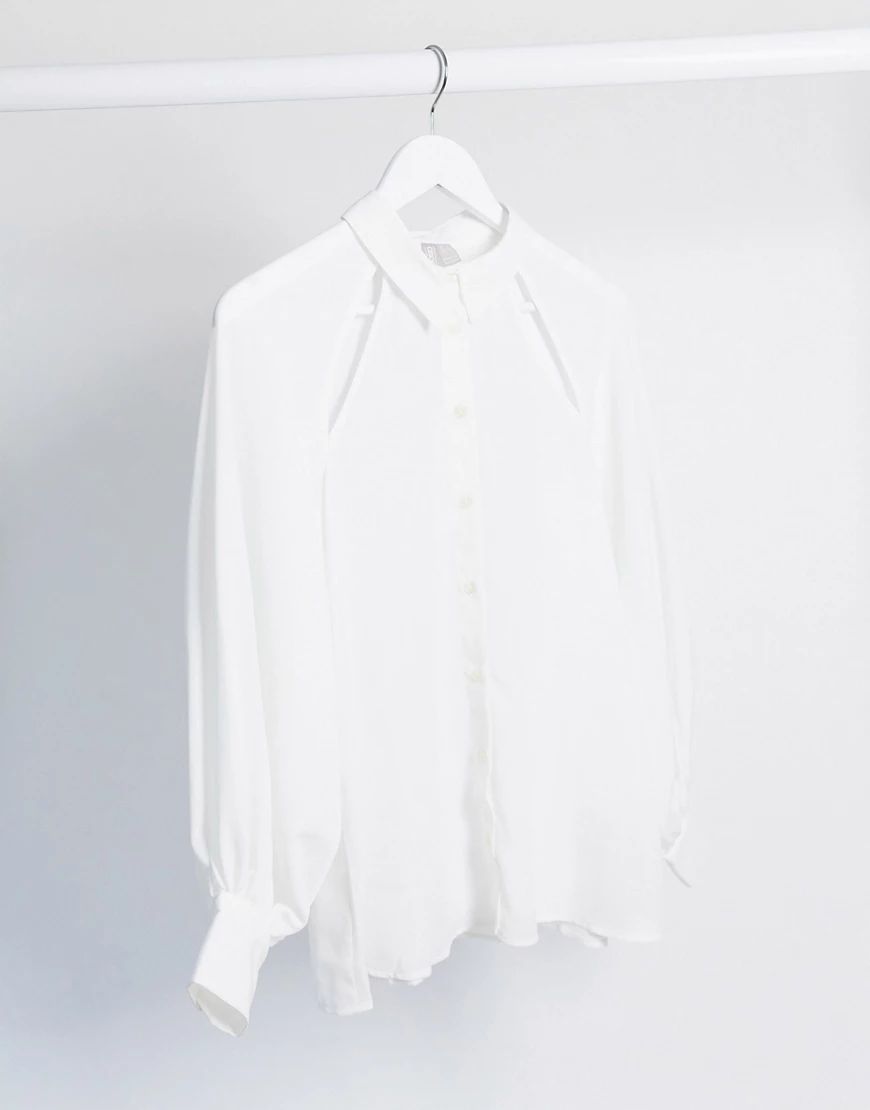 ASOS DESIGN long sleeve soft shirt with cut out detail in ivory-White | ASOS (Global)