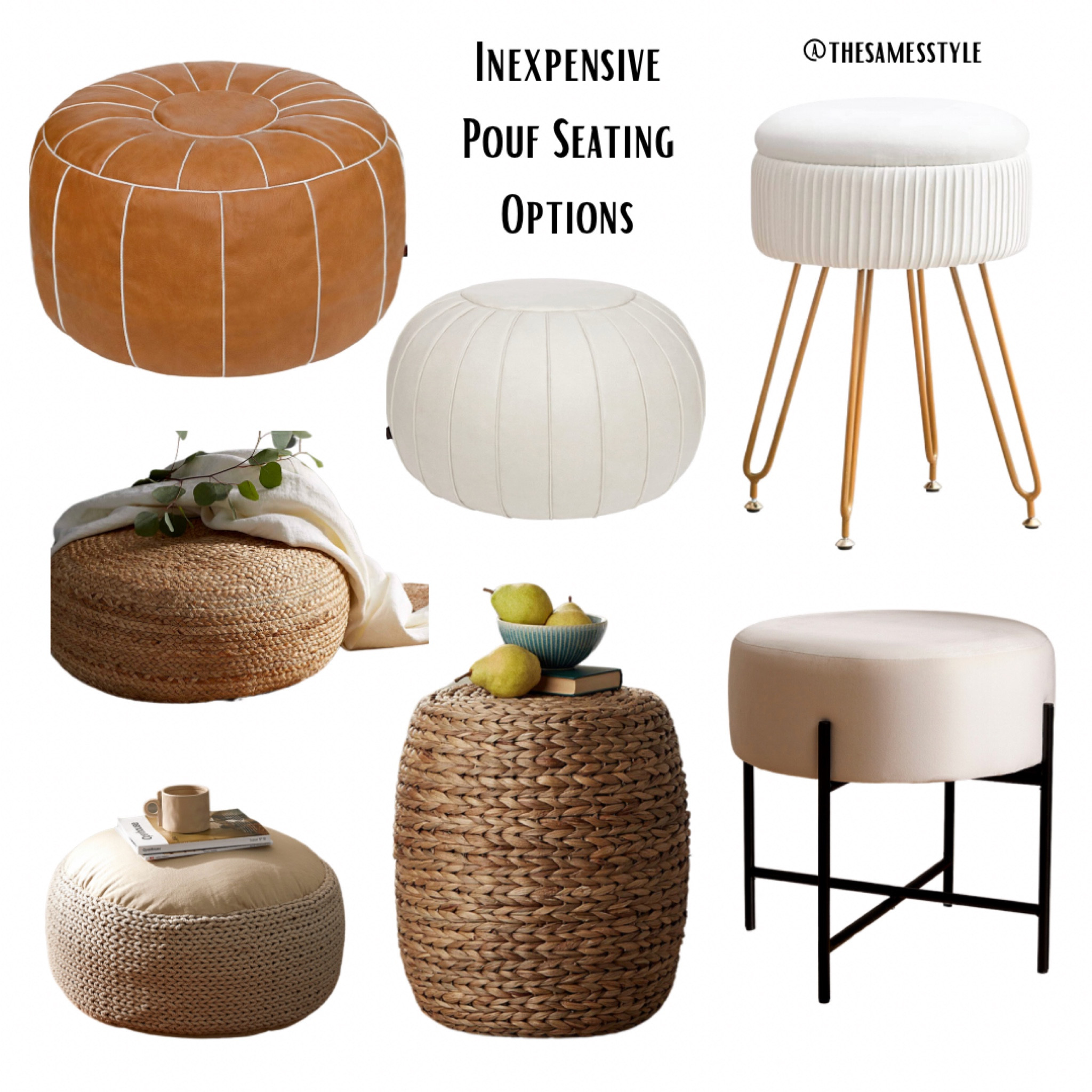 Inexpensive pouf stool options for budget seating for a small room.
#homedecor #homedesign #livingroom #seating #interiortip