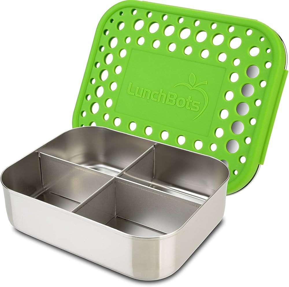 LunchBots Medium Quad Snack Container - Divided Stainless Steel Food Container - Four Sections for Finger Foods On the Go - Eco-Friendly, Dishwasher Safe - Stainless Lid - Green Dots | Amazon (US)