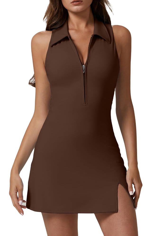 QINSEN Womens Zip Front Tennis Dress Polo Collar Racer Back Workout Golf Dresses Build in Shorts ... | Amazon (US)