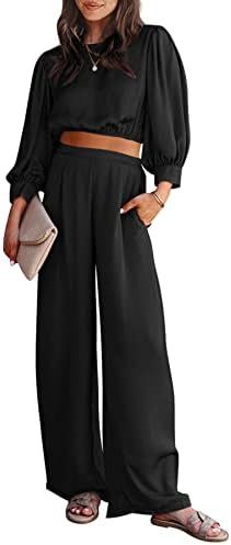 PRETTYGARDEN Women's 2 Piece Satin Outfits 2023 Spring Casual Puff Sleeve Crop Tops Blouse and Lo... | Amazon (US)