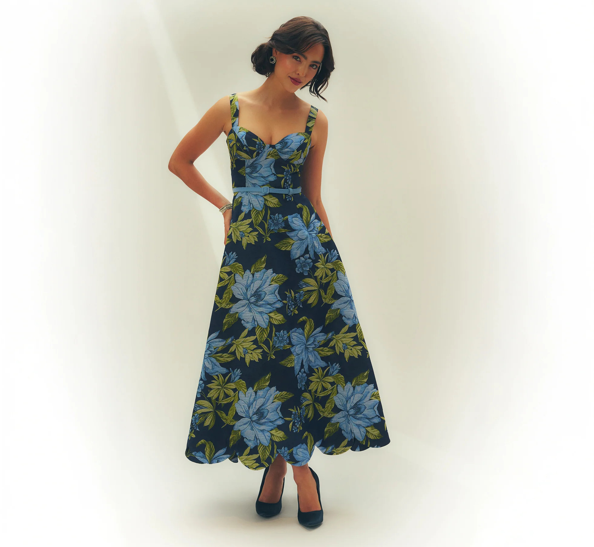 Multi Colored Floral Jacquard Sweetheart Scalloped Ankle Dress - Adrianna Papell | Adrianna Papell