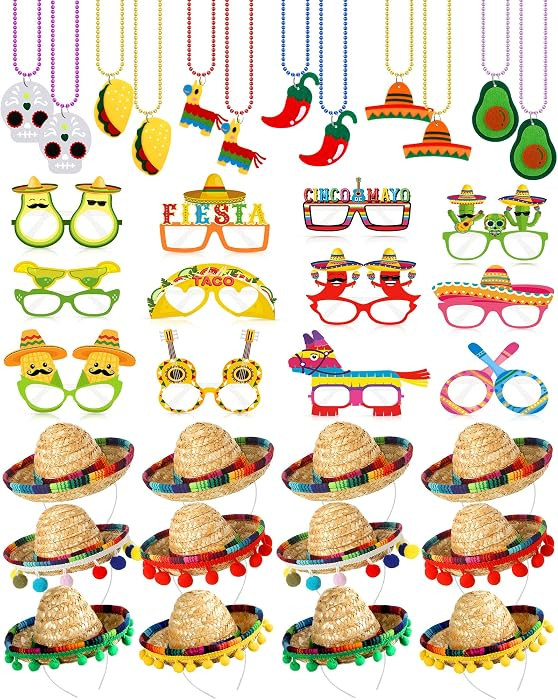 36 Pcs Fiesta Party Supplies Fabric Straw Sombrero Headbands Necklaces Eyeglasses for Mexican Par... | Amazon (US)