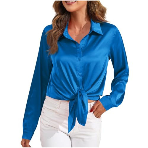 Women's Satin Silk Blouse Long Sleeve Collared Neck Button Shirts Work Business Cool Smooth Blouses Tops Blue | Amazon (US)