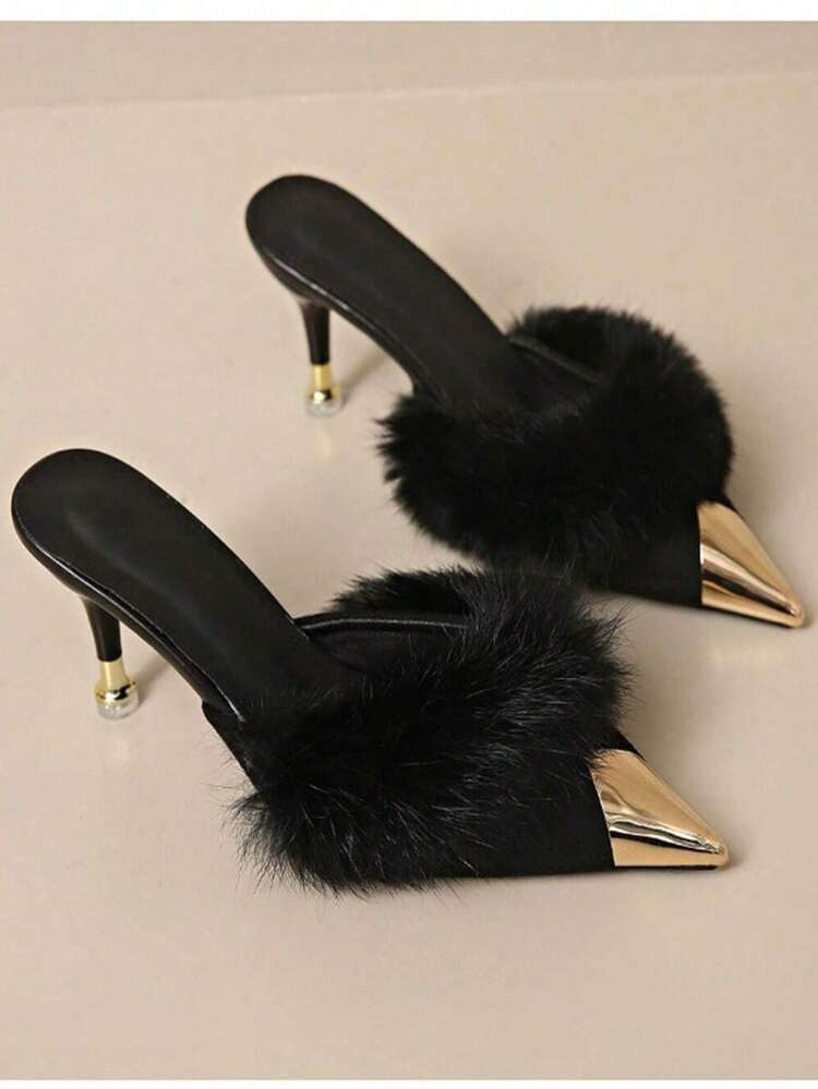 Women's Black Furry High Heel Shoes, Fashion Kitten-Heel Pointed Toe Mules, Elegant Slip-On Pumps... | SHEIN