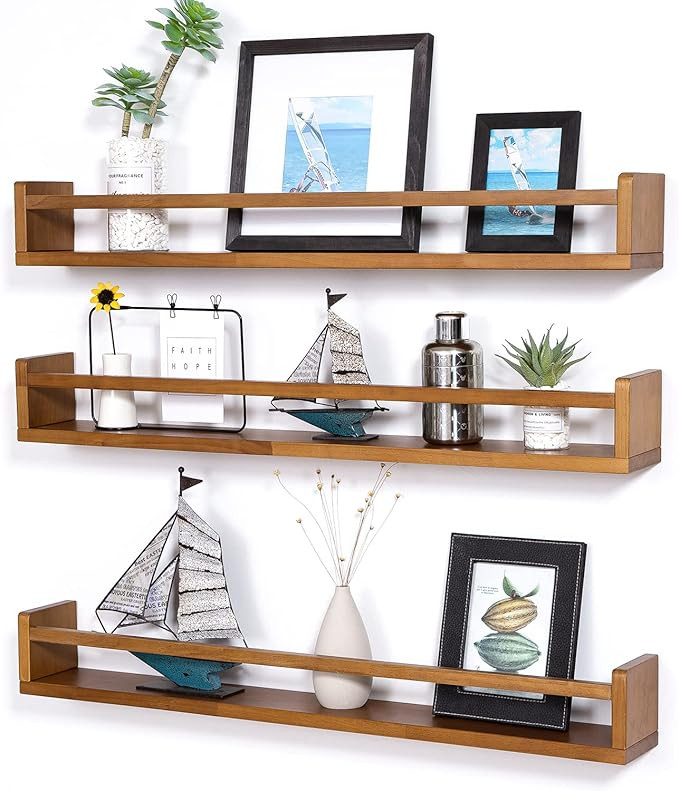 MBYD 36 Inch Floating Bookshelf Set of 3, Handmade Solid Wooden Light Walnut Nursery Book Shelves... | Amazon (US)
