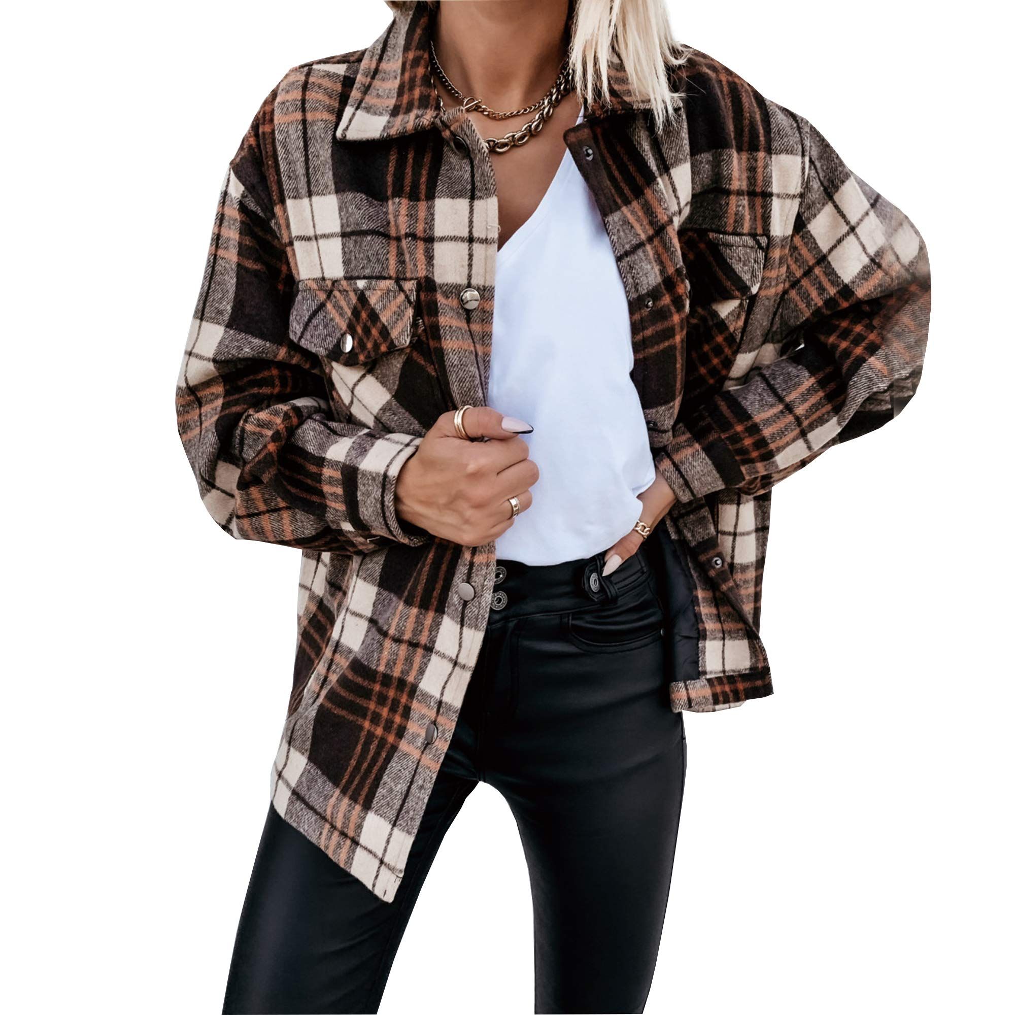 Hixiaohe Women's Casual Wool Blend Plaid Shirt Jacket Loose Button Down Shacket Coat | Amazon (US)