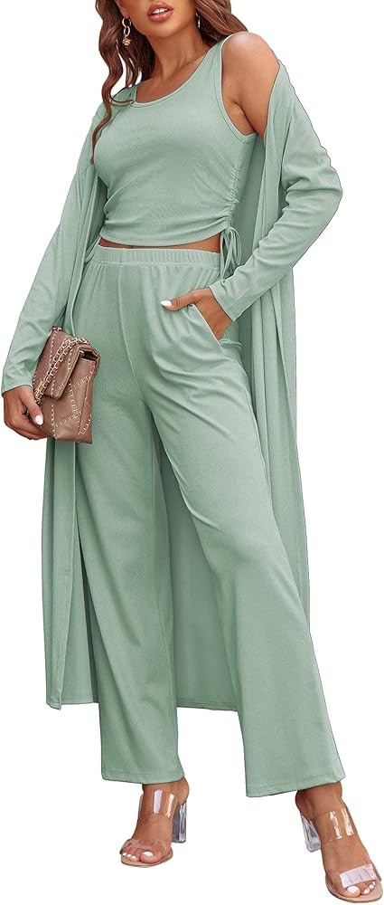 Ekouaer Women's 3 Piece Lounge Set Pajama Long Sleeve Cardigan Sleeveless Top Pants Sweatsuit S-X... | Amazon (US)