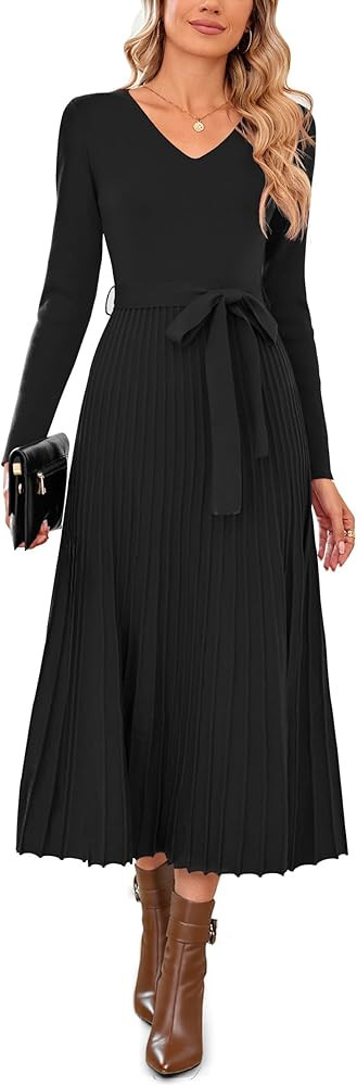 Arach&Cloz Women's Wool Blend Tie Waist Pleated Fall Sweater Dress 2025 | Amazon (US)