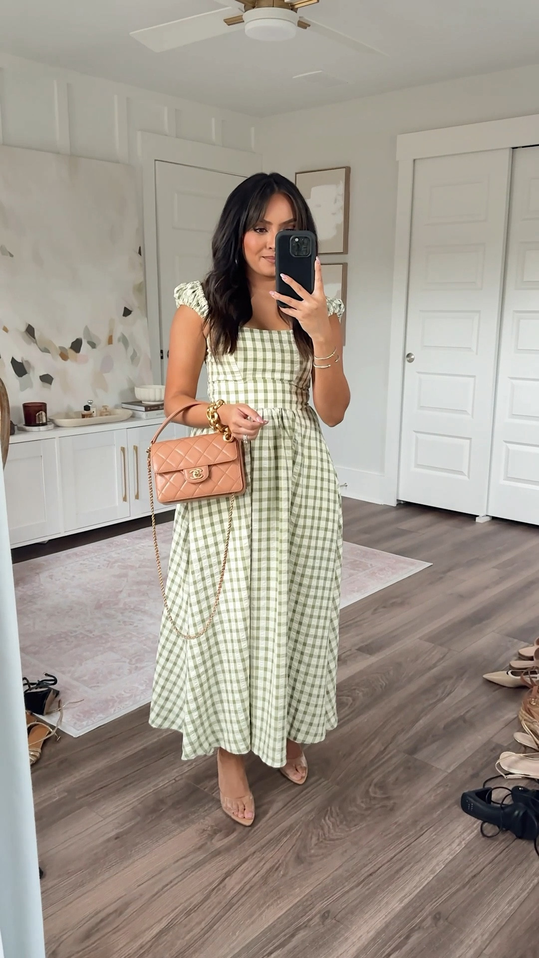 Sage Green gingham dress size xxs TTS - size up a size if you have a larger bust
Clear heels size 5 TTS


#LTKStyleTip #LTKSaleAlert #LTKPetite