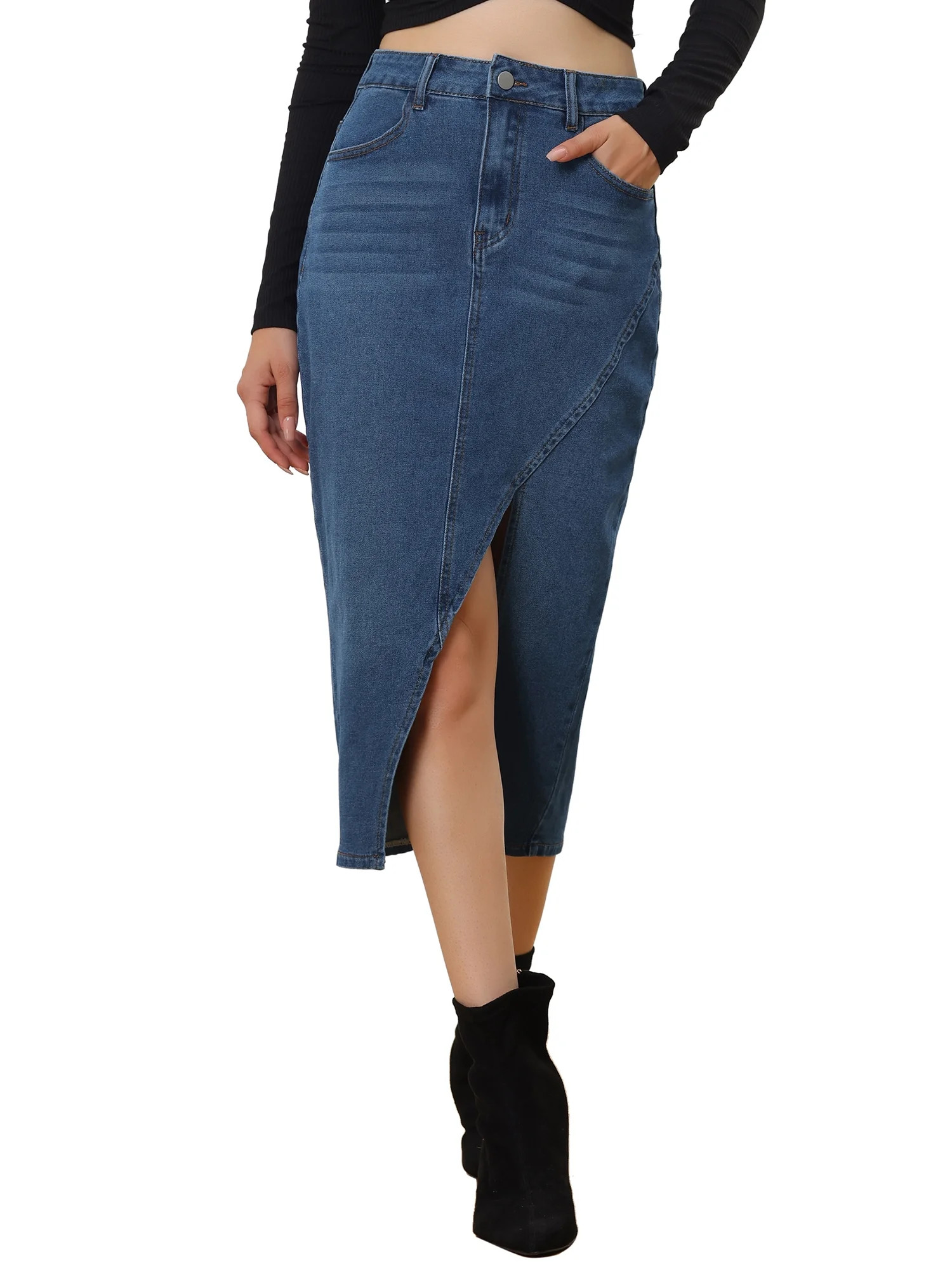 Allegra K Women's Denim Skirt Casual High Waisted Front Slit Knee Length Jean Skirts | Walmart (US)