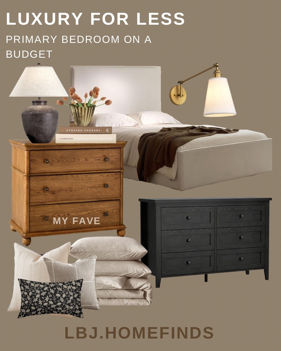 Luxury Bedroom Look for Less 🤎

Creating a luxury primary bedroom on a budget is easier when you know where to shop. I found these budget-friendly furniture pieces and decor that look designer but cost way less — including the upholstered bed, wood nightstand, dresser, brass wall sconce, neutral bedding, and accent pillows.

My goal is simple: I find the best affordable furniture so you don’t have to search for hours.

Everything in this bedroom is luxury for less and completely shoppable.

✨ Shop my LTK to get all the links.

Keywords: luxury bedroom on a budget, neutral bedroom decor, affordable bedroom furniture, modern transitional bedroom, LTK home finds