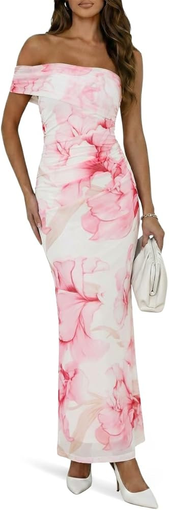 Wenrine Womens Off The Shoulder Dress Cocktail Summer Floral Maxi Mesh Casual Sleeveless Bodycon ... | Amazon (US)