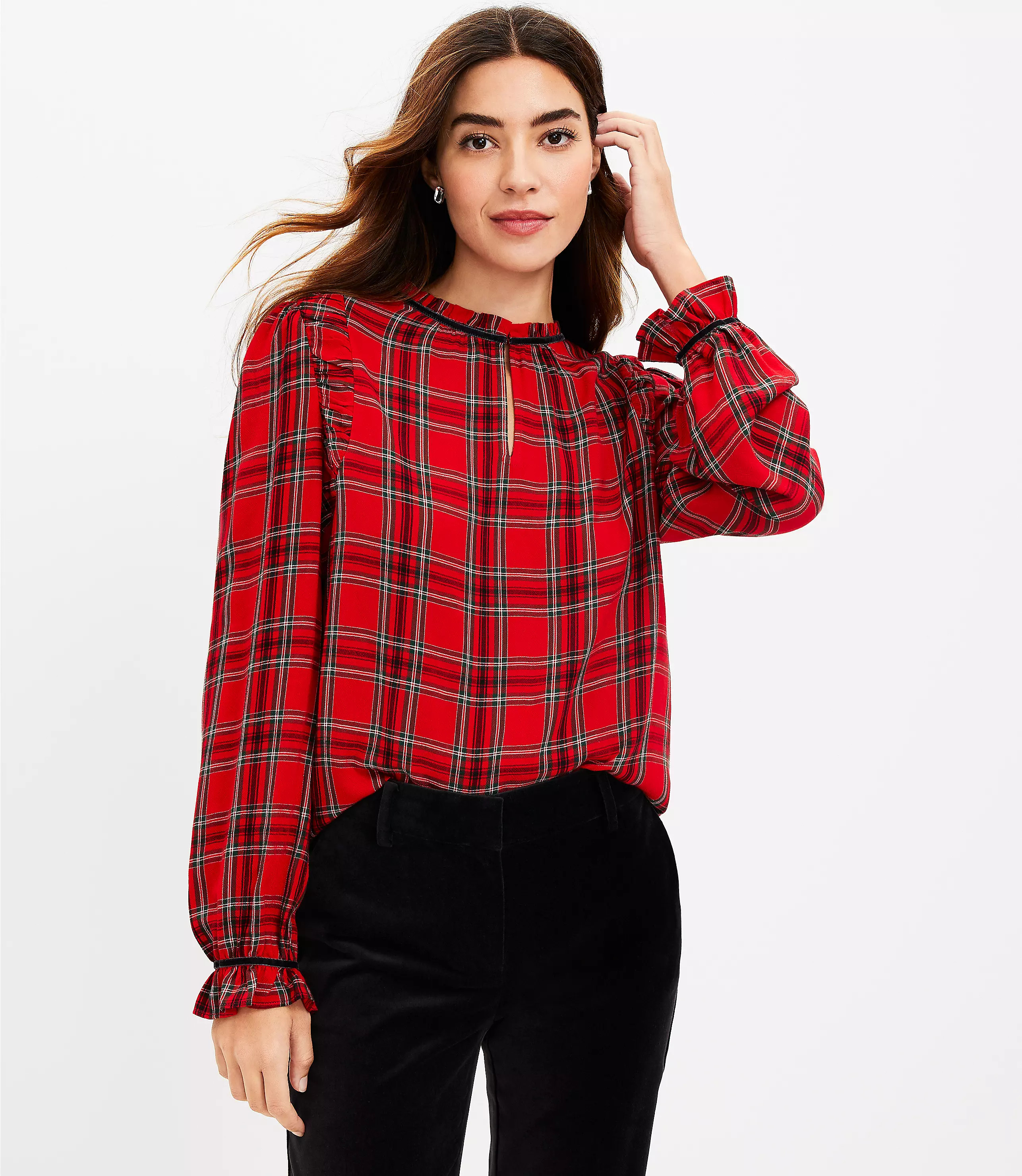 Petite Plaid Ruched Ruffle Neck Blouse | LOFT