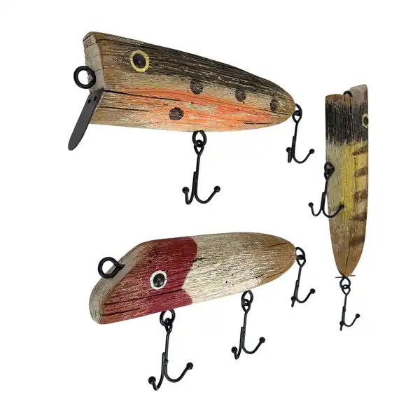 Fishing Lure Wall Hook Sculptures Set Of 3 Vintage Wood Metal 13 In Decor | Bed Bath & Beyond