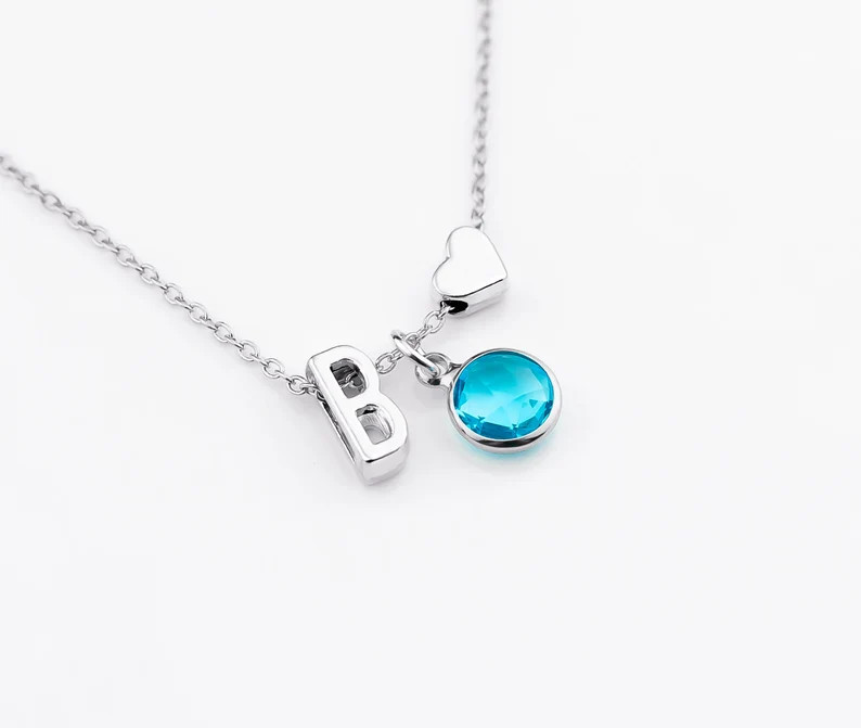 Birthstone Necklace, Tiny Letter Necklace, Dainty Initial & Birthstone, Flower Girl Gift, Mothers... | Etsy (US)