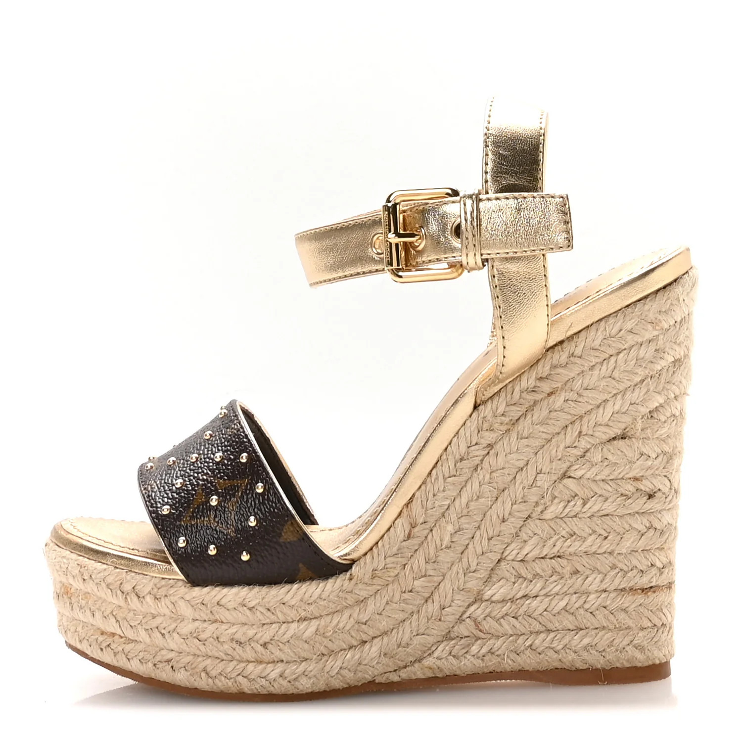 Metallic Monogram Calfskin Studded Wedge Sandals 35 Gold | FASHIONPHILE (US)