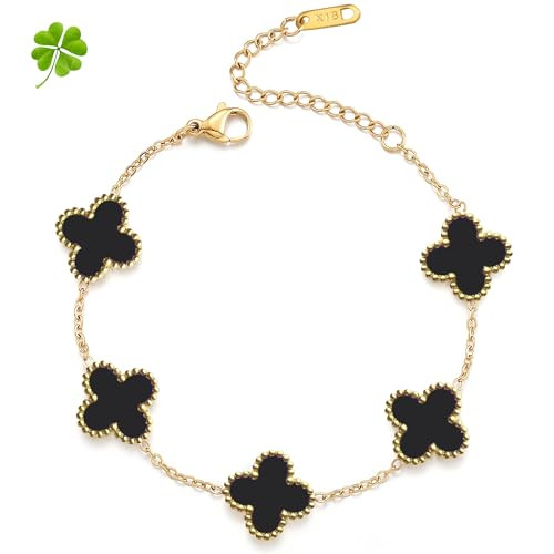 GUGYQIQ Clover Bracelet for Women 18K Plated Gold Chain Bracelets Valentine's Day Jewelry Gifts Four Leaf Clover Bracelet (Double-Sided-Black) | Amazon (US)