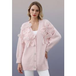 Moonlit Organza Floral Buttoned Knit Cardigan in Light Pink | Chicwish