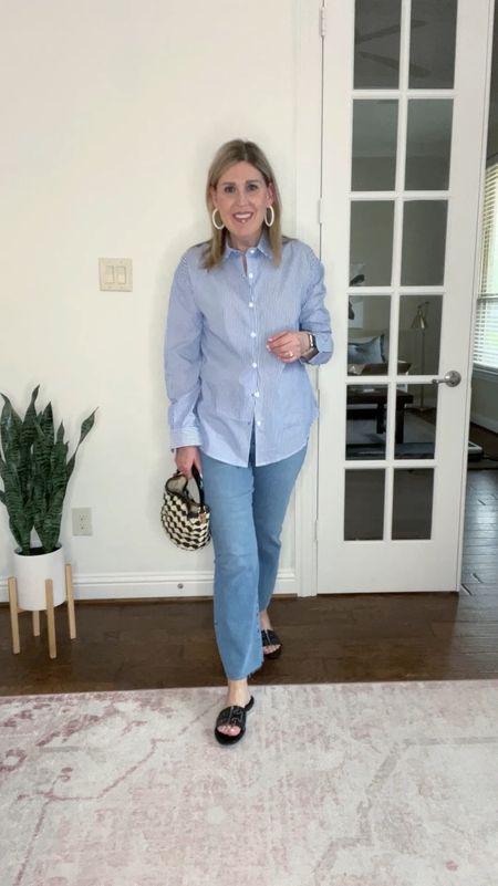 Blue striped button up shirt. Super soft and breathable. Roomy fit. Can wear as a coverup too. Comes in lots of color options. $26. Love these jeans! Stretchy. Kick crop style. Mid-rise. Run tts. Linking accessories. 

#LTKStyleTip #LTKxMadewell #LTKFindsUnder50