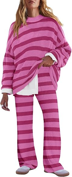 LAMISSCHE Oversized Womens Lounge Set Striped Sweater Set Long Sleeve 2 Piece Pajama Set Top and ... | Amazon (US)