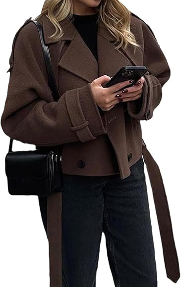 Womens Cropped Wool Blend Jacket Notched Lapel Double Breasted Wool Trench Coats with Belt | Amazon (US)