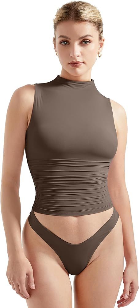 SUUKSESS Women Double Lined Going Out Trendy Crop Tops Ruched Sleeveless Shirts | Amazon (US)