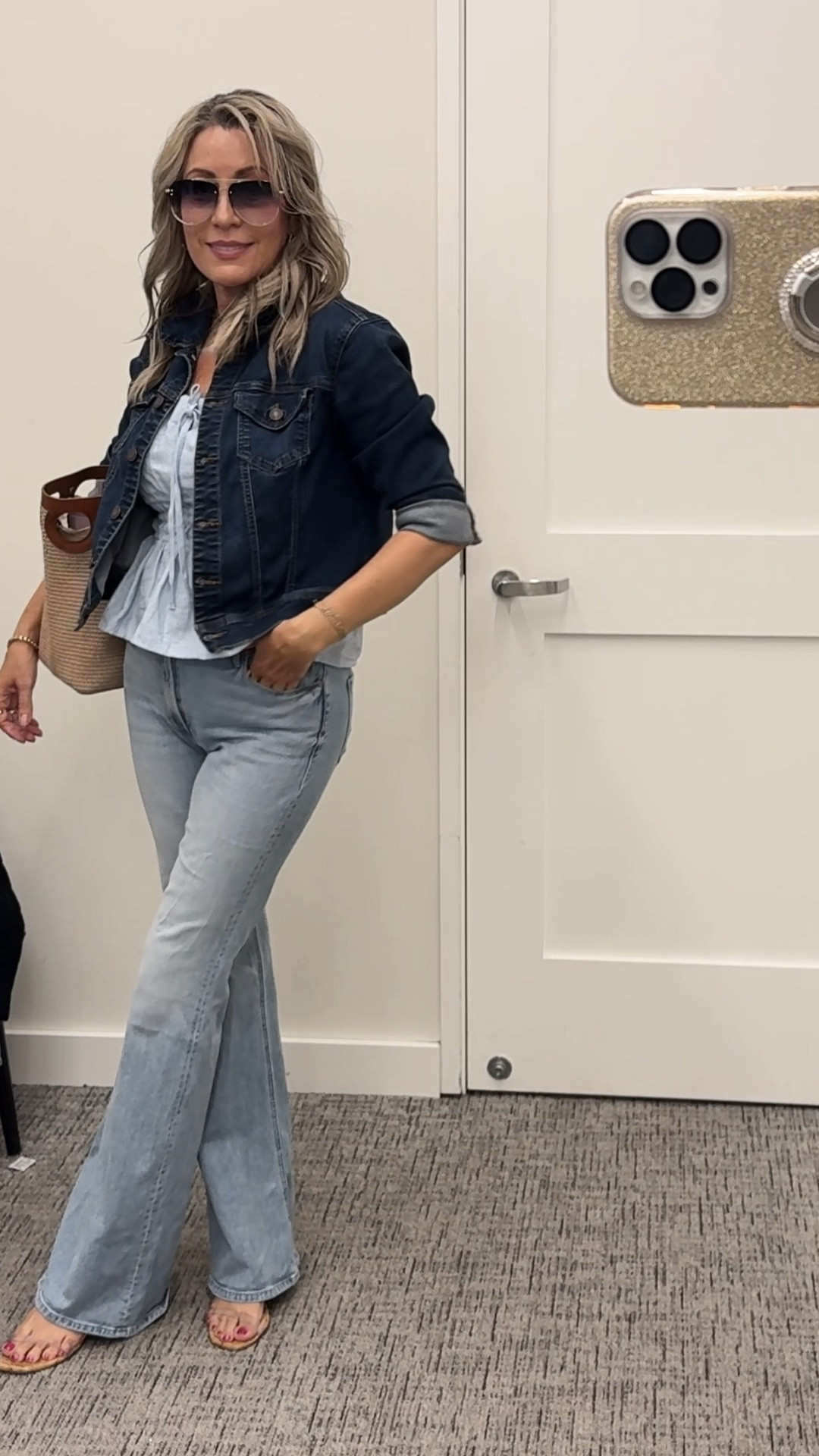 Nordstrom run 💙 I kept it comfy and classic in these light-wash Mothers flares, a staples cotton peplum top, and a cropped denim jacket. Added a woven tote and sandal wedges with clear straps for that casual-cool COMFY shopping vibe. A little retro, totally CHIC, and wearable. You need these jeans if you love a flattering fit that makes your legs look so long!

🛍️ Tap to shop the full look!
#ootd #fashionover40 #fashionover50 #casualoutfits #stylishandgrateful #stylish&grateful #nordstromstyle #shoppingdaylook #classycasual #denimstyle

#LTKSeasonal #LTKSaleAlert #LTKOver40