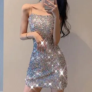 Spaghetti Strap Sequined Mini Dress Silver - One Size | YesStyle Global