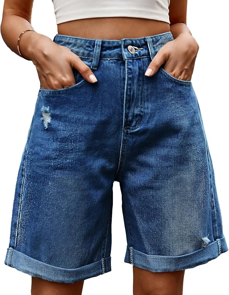 Jean Shorts Womens High Waist Long Jean Shorts for Women Girls Denim Shorts Ripped Distressed Jea... | Amazon (US)