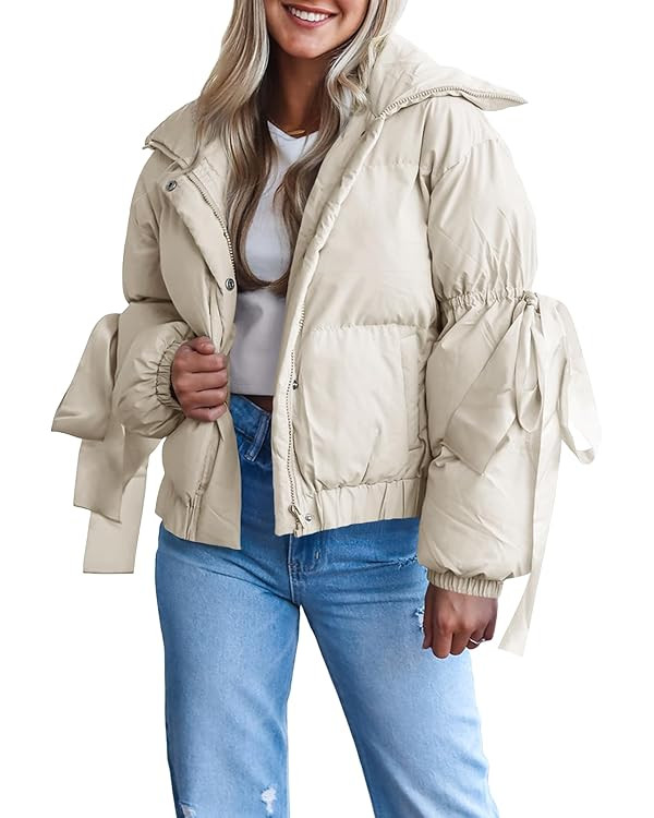Tankaneo Womens Bow Puffer Jacket Winter Warm Cropped Quilted Jackets Baggy Short Down Coats | Amazon (US)