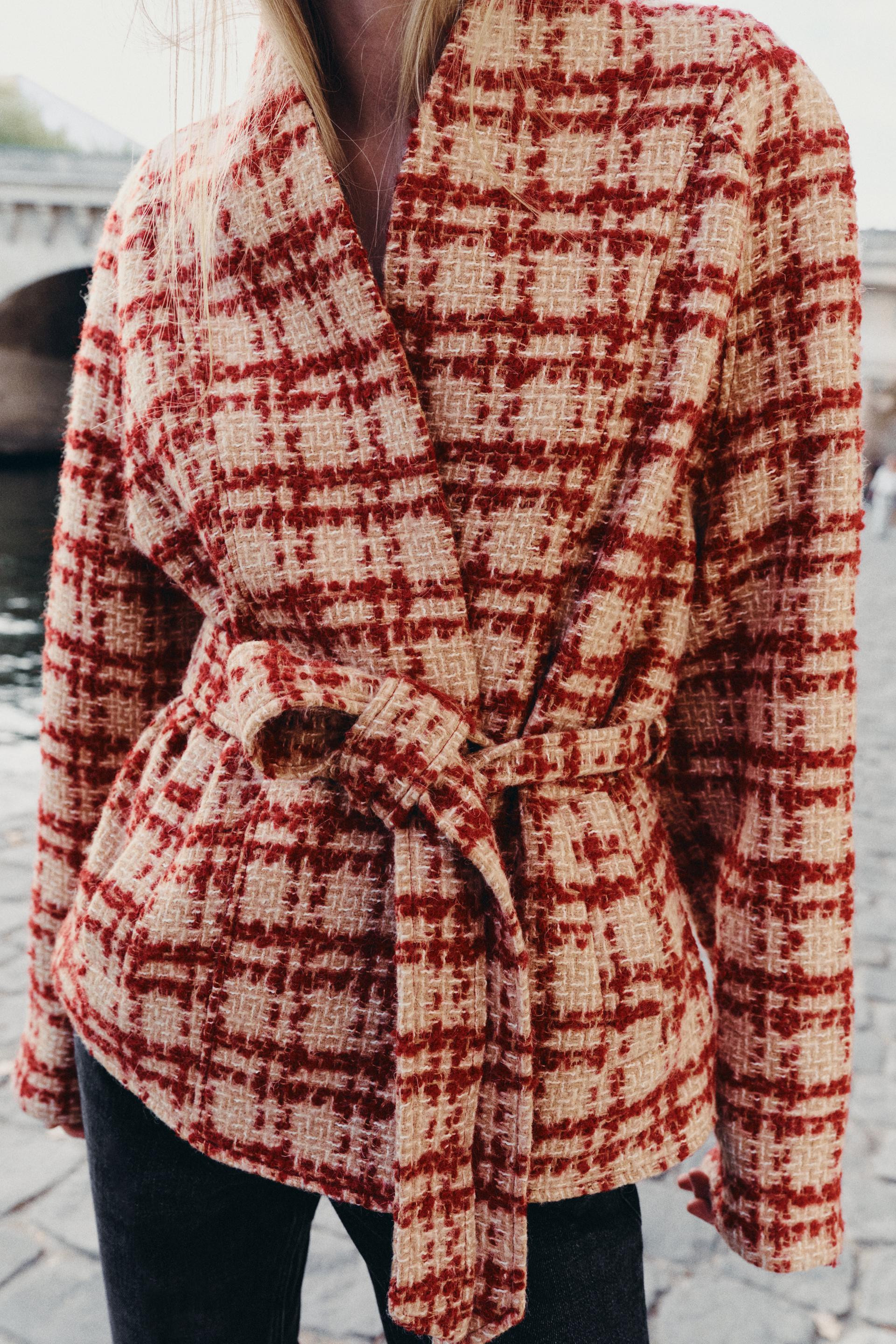 Zara - Zw Collection Belted Wool Jacket - Red / White - Xs - Woman | Zara US