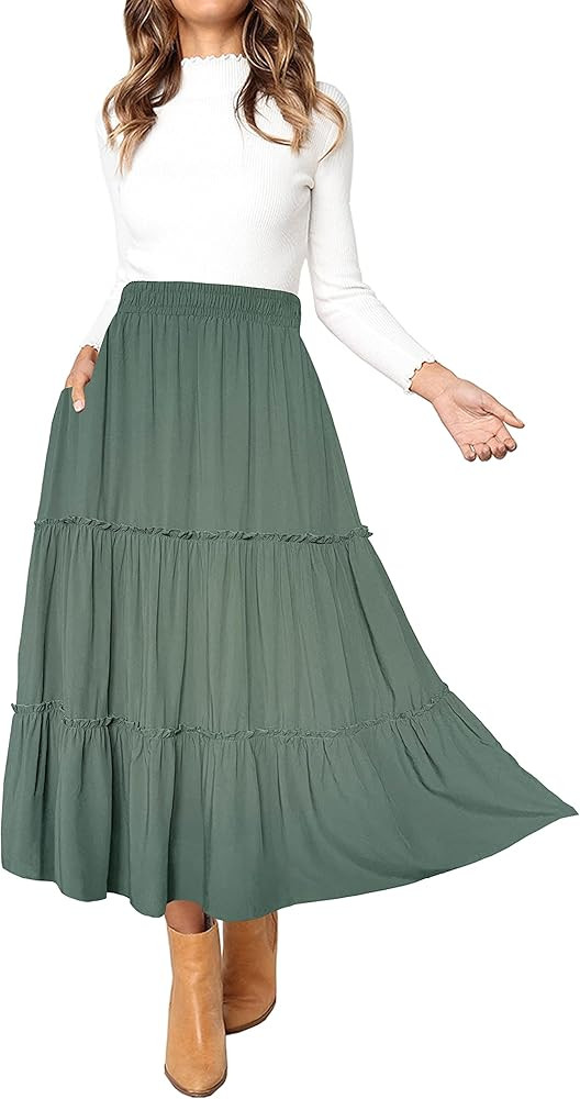 Afibi Womens High Waist A Line Ruffle Swing Long Maxi Skirt with Pockets | Amazon (US)