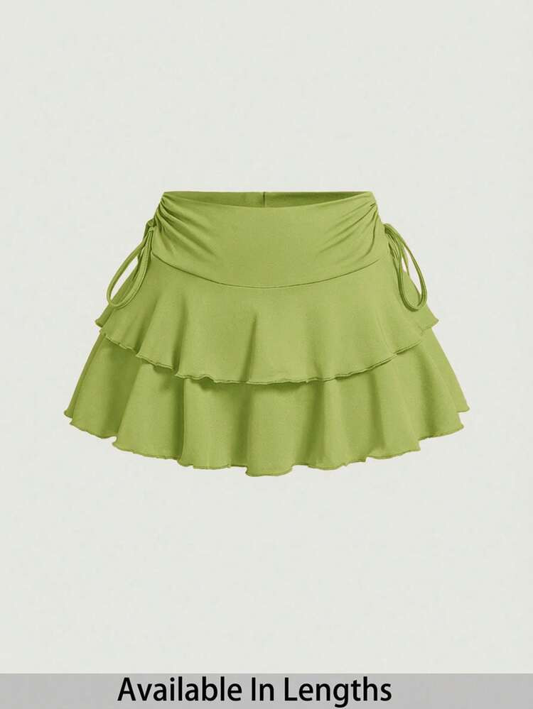 SHEIN PETITE CURVE Drawstring And Fold Detail Solid Color Cake Skirt | SHEIN