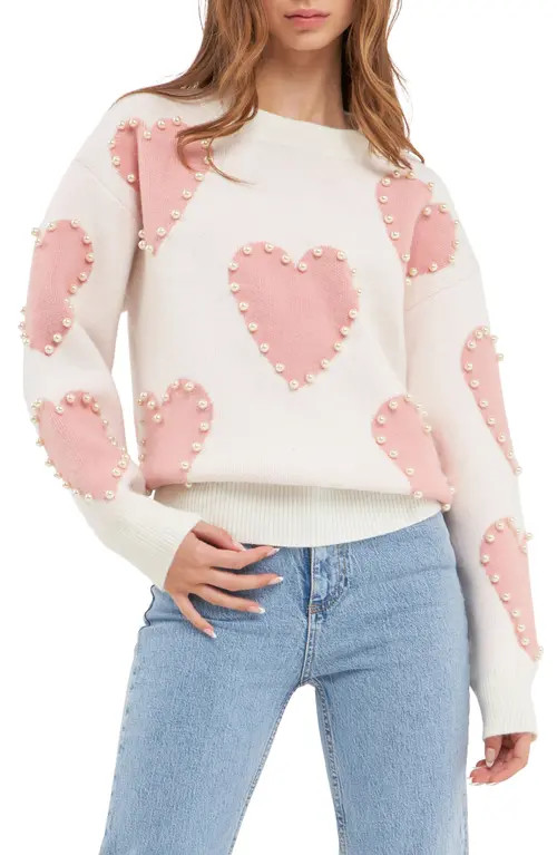 English Factory Heart Imitation Pearl Sweater in Pink Multi at Nordstrom, Size Large | Nordstrom