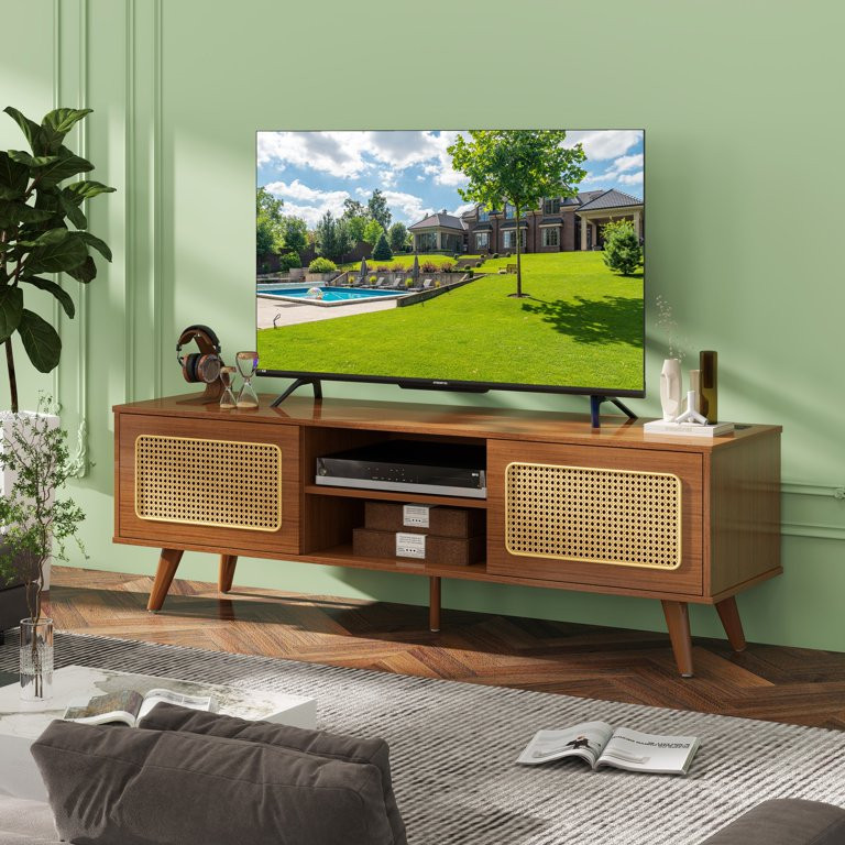 Mid Century Modern TV Stand for 65 inch TVs, 59" Walnut Entertainment Center with Rattan Doors, M... | Walmart (US)