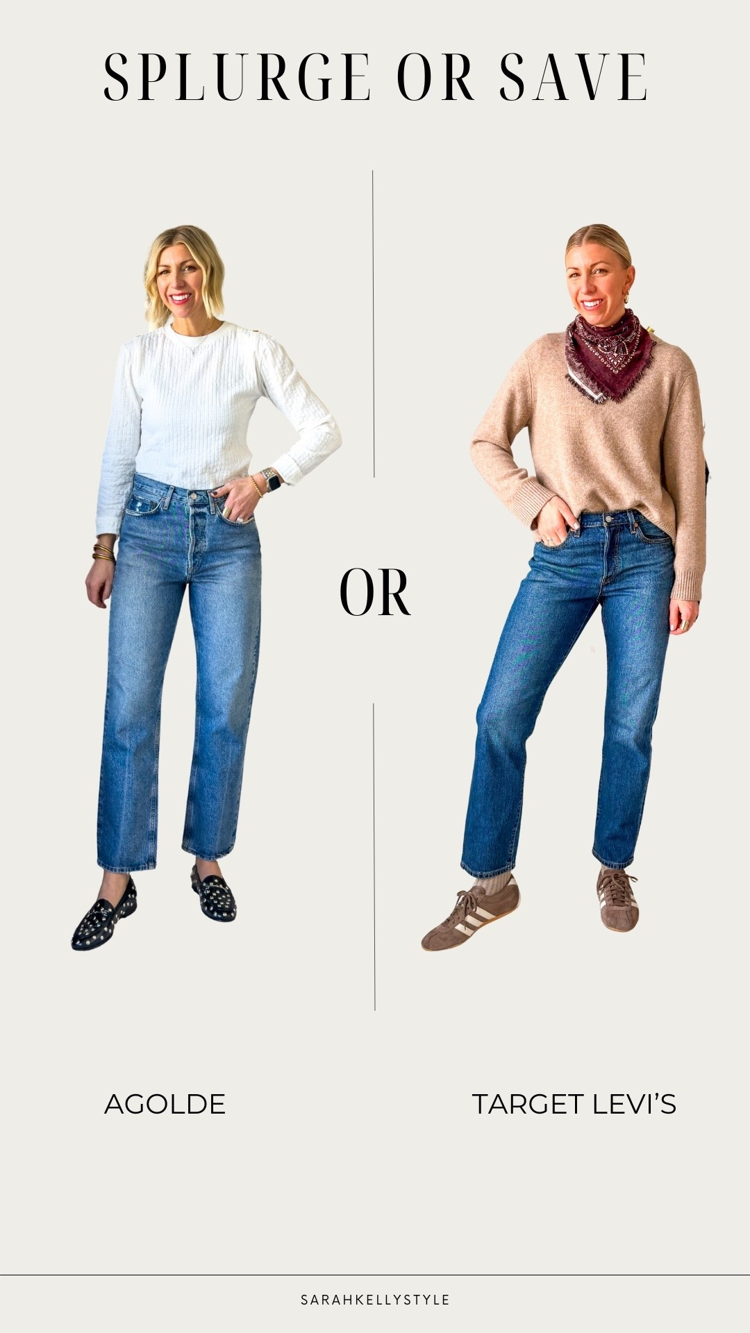 Such a great splurge or save! The agolde 90s pinch waist are my tried and true. I just found an amazing dupe at Target from Levi’s. 

Agolde: For reference, I am 5’10” and wearing my true to size 28. Rise is 12.5”, inseam 29” and 100% cotton. Fit Tip: no stretch, size up if you are curvy or in between!

I wear my true to size 28 in the Levi’s. 

#LTKOver40 #LTKSaleAlert #LTKootd