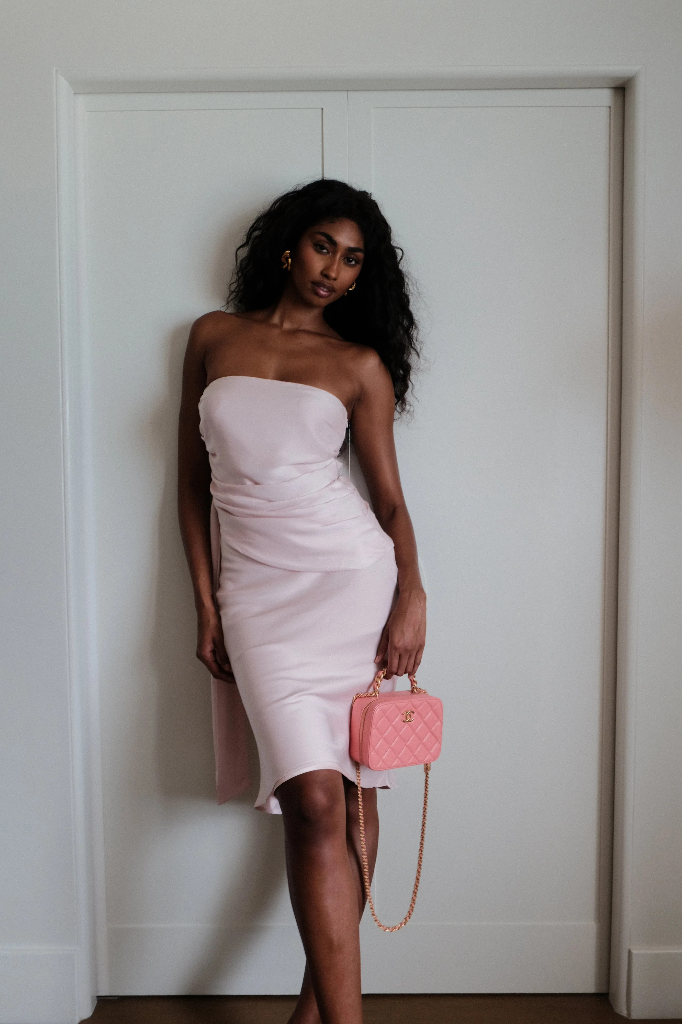 Satin Ruched Strapless Top - Pale Pink | MESHKI US