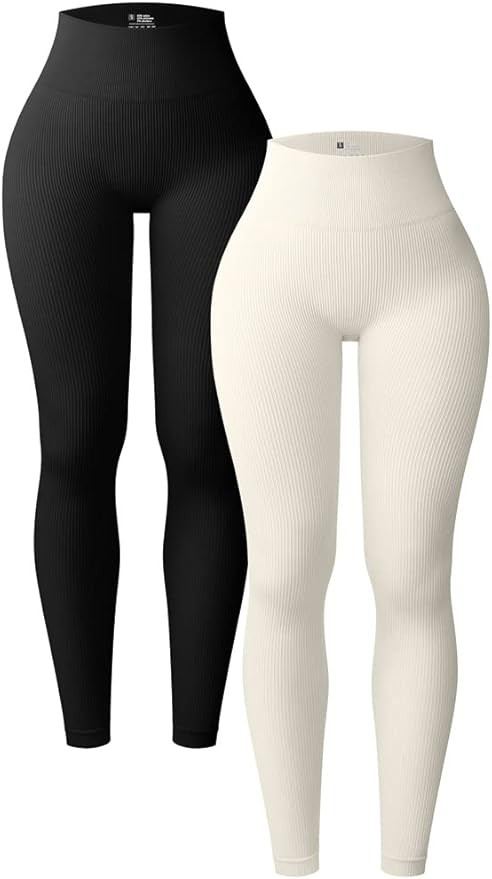 OQQ Women's 2 Piece Yoga Leggings Ribbed Seamless Workout High Waist Athletic Pants Black Coffee ... | Amazon (US)