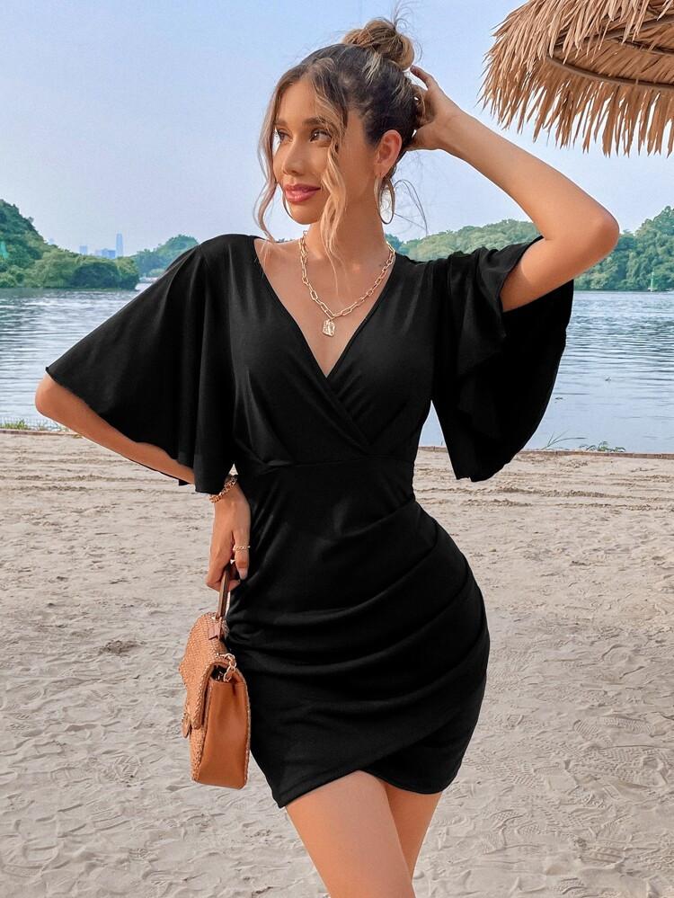 Butterfly Sleeve Ruched Side Tulip Hem Bodycon Dress | SHEIN
