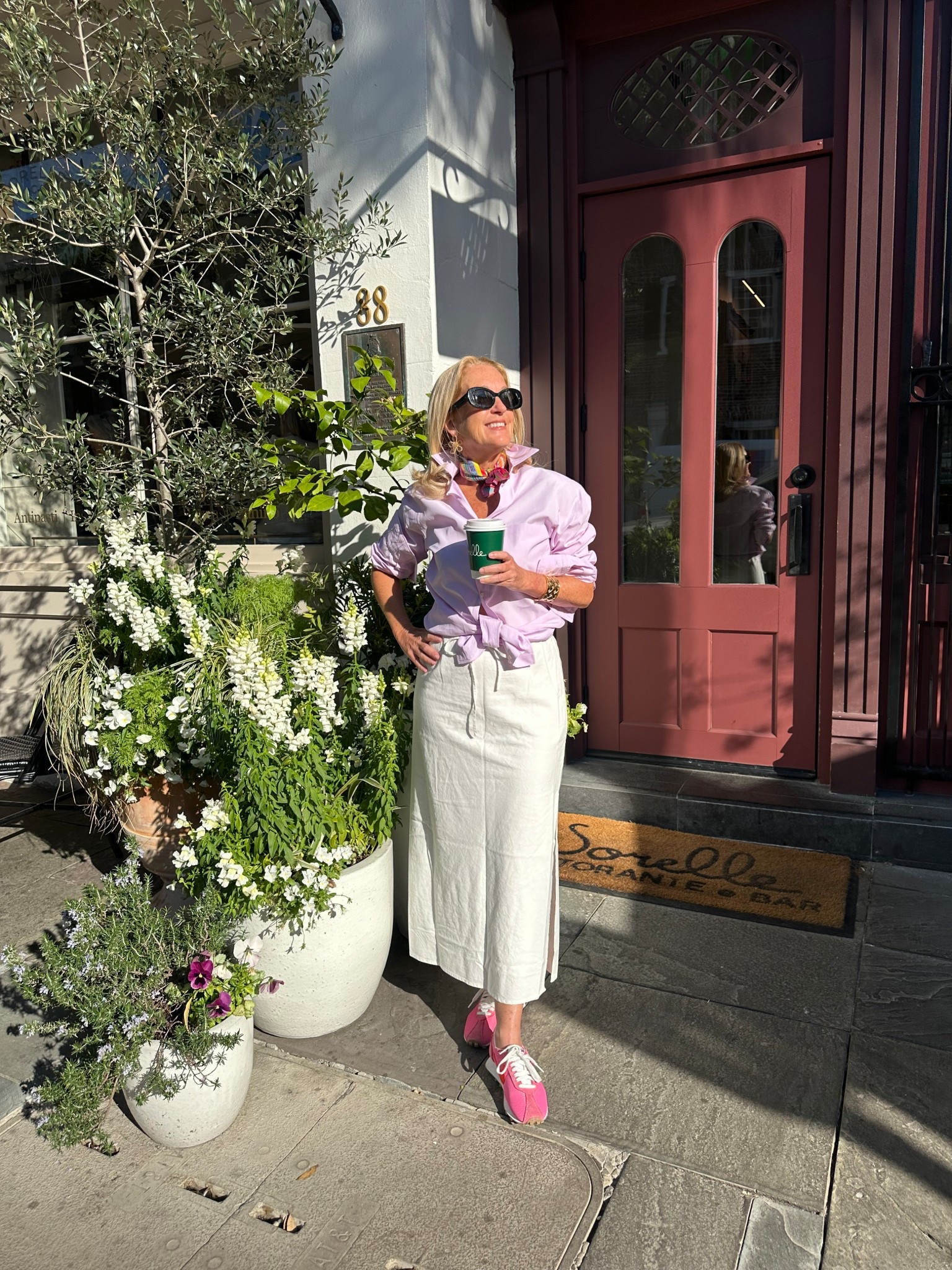 Shirt is borrowed from My Mister, skirt is part of my favorite spring set that is a bargain . . . 
|
#arebelinprada #whiteskirt #whiteset #pinksneaks #pinksneakers #coffeedate #scarfstyle 

#LTKWatchNow #LTKFindsUnder100 #LTKShoeCrush
