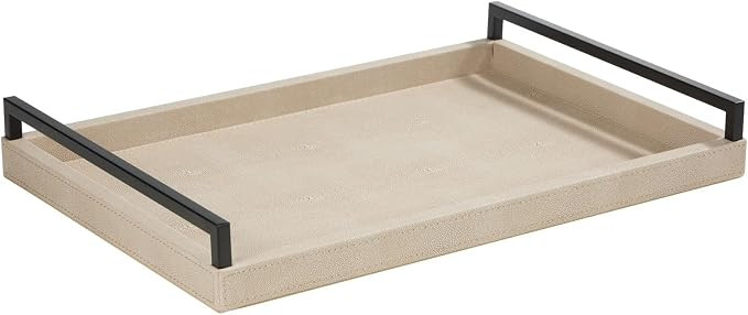 Sagala Ivory Shagreen Serving Tray for Ottoman, Faux Leather Wooden Decorative Tray with Black Ha... | Amazon (US)